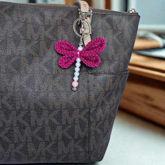 Crochet Dragonfly Keychain | Crochet Bag Charms - Magenta